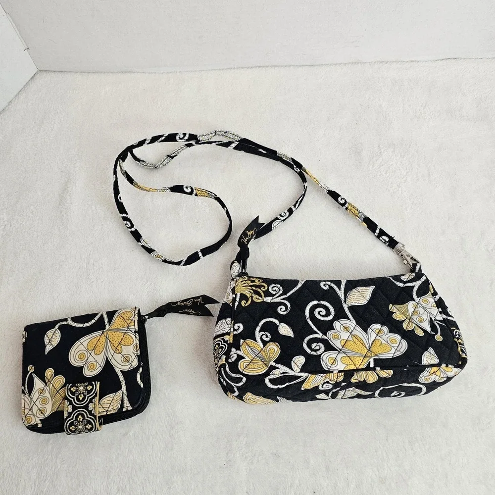 Vera Bradley black Yellow and White Floral Bird Purse with Matching Wallet - Picture 3 of 15
